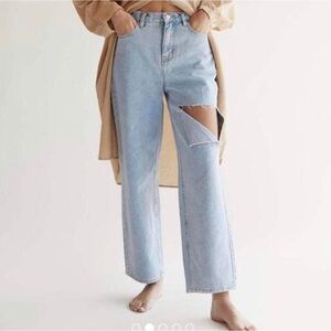 OAK + FORT Light Blue Straight-Leg Jeans with Knee Slit